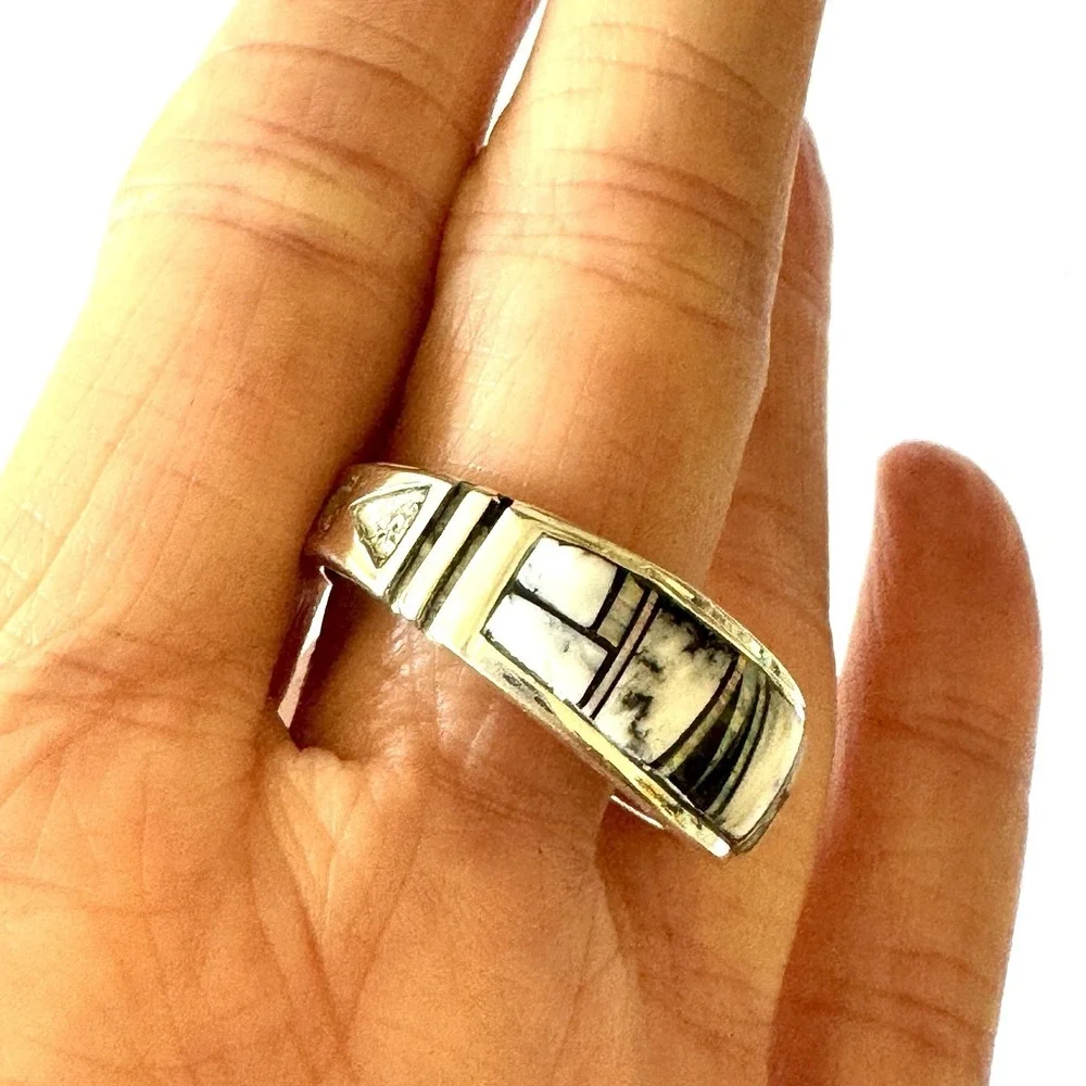 Navajo Wedding Band Sz 13 Inlay Ring Opal White Buffalo 10mm Mens Signed Tolino